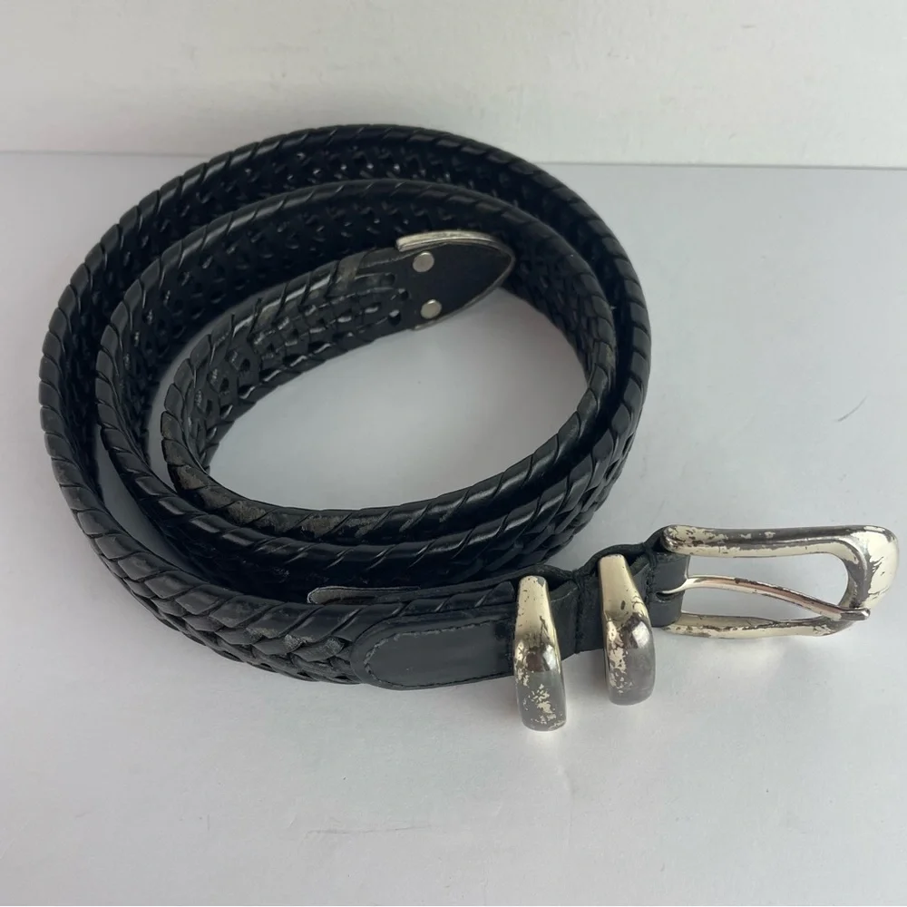 Fossil Black Woven Leather Belt Silver Buckle 36”
